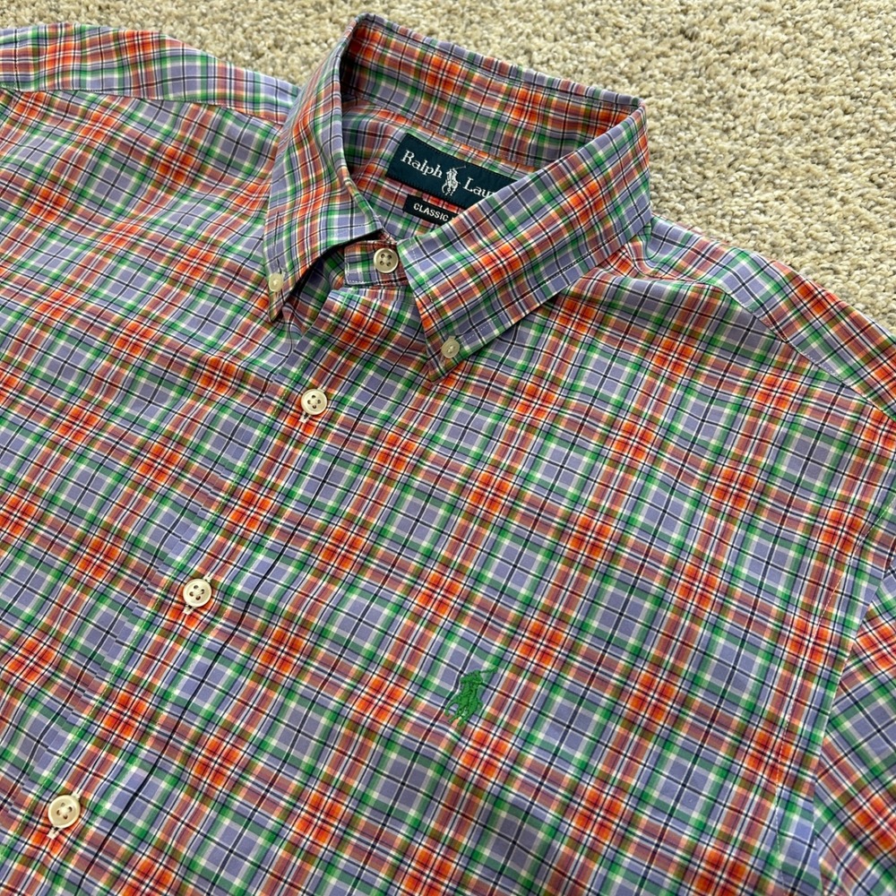 Ralph Lauren Button Down Shirt Size L Multicolor Plaid Classic Fit Short Sleeve